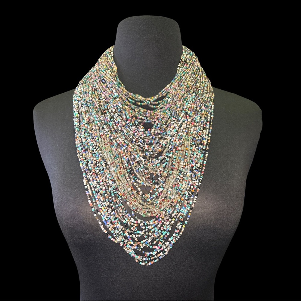 Boho Multistrand Seed Bead Statement Necklace – Layered Bib Style – New